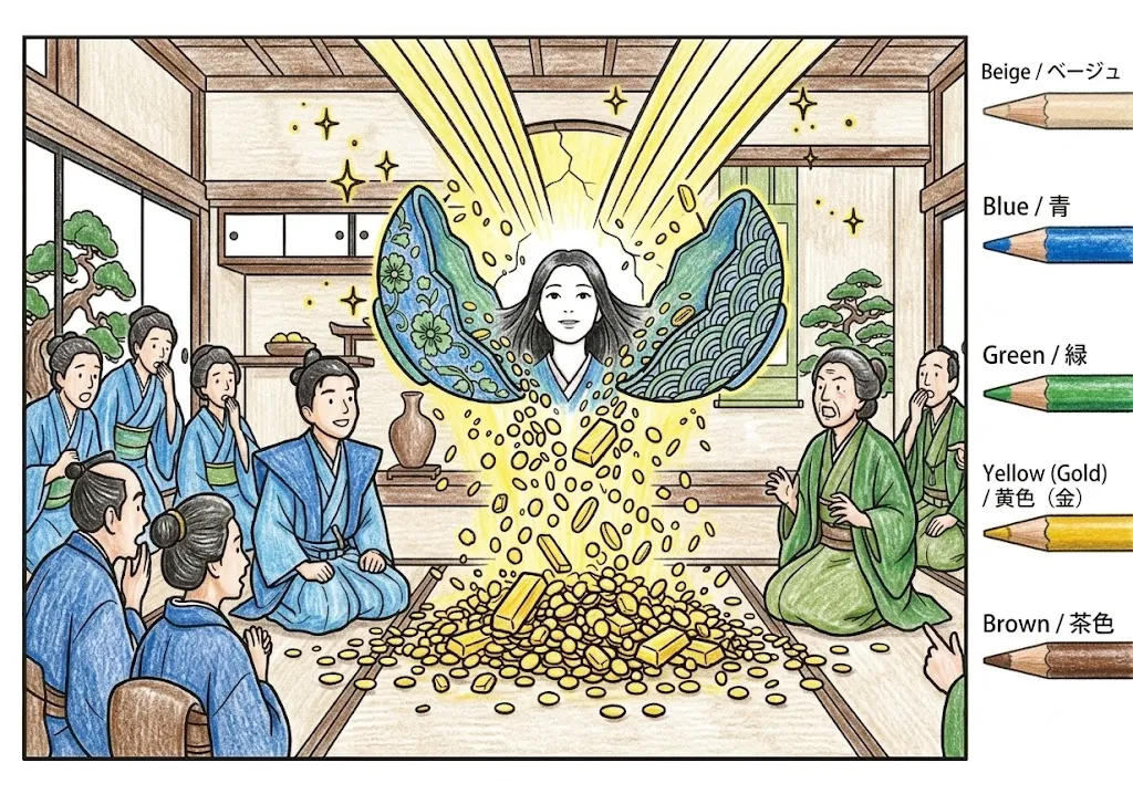 鉢かづき姫(完成見本) (Hachikazukihime) その三 | 高齢者(g3b3)向け無料塗り絵|昔話・物語イラスト