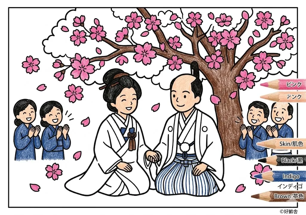 鉢かづき姫(完成見本) (Hachikazukihime) その四 | 高齢者(g3b3)向け無料塗り絵|昔話・物語イラスト