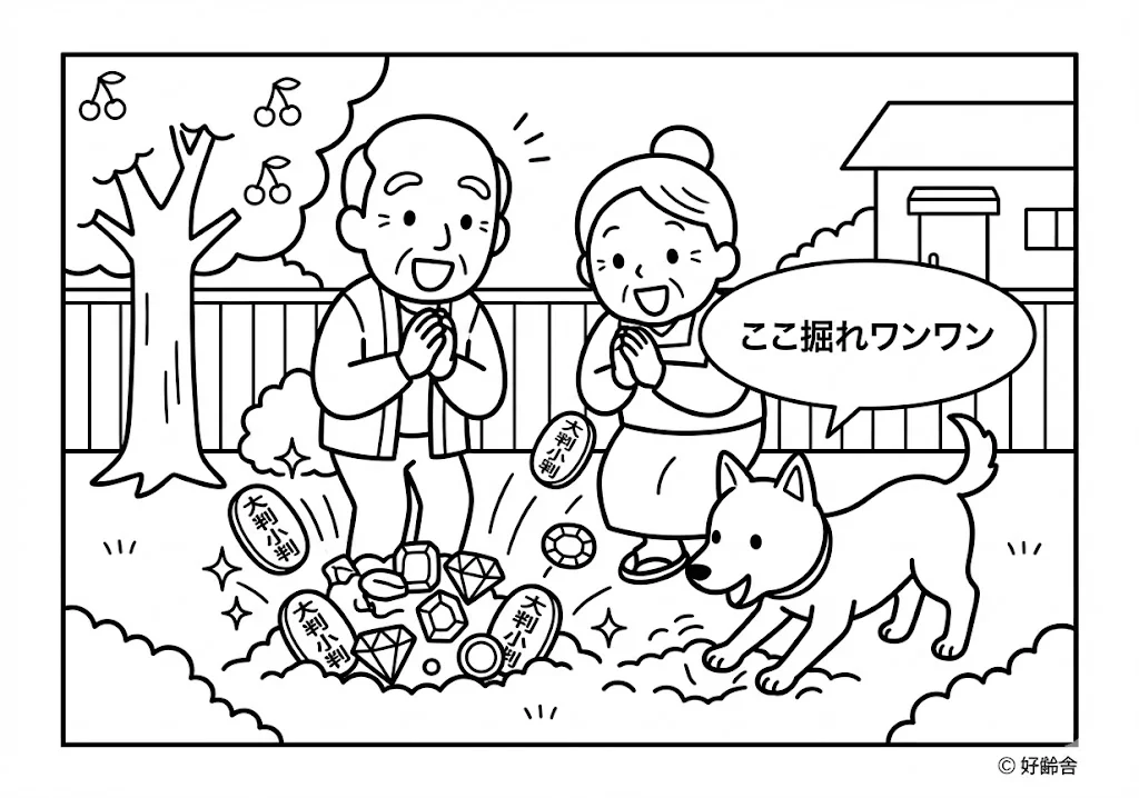 花咲か爺さん (Hanasaka Jiisan) その一 | 高齢者(g3b3)向け無料塗り絵|昔話・物語イラスト