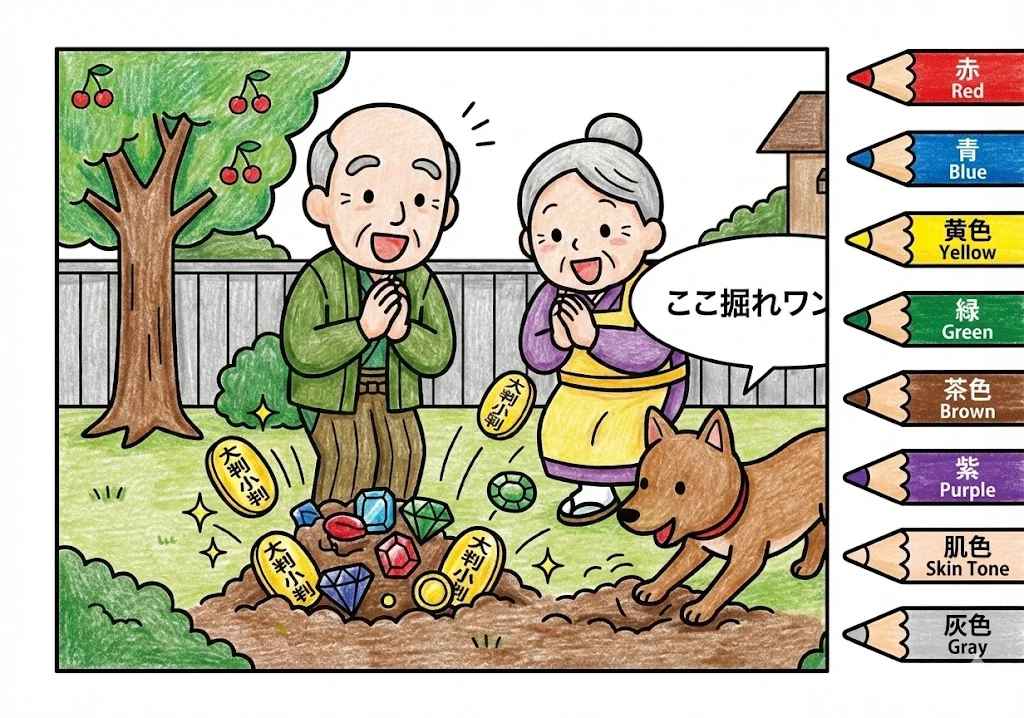 花咲か爺さん(完成見本) (Hanasaka Jiisan) その一 | 高齢者(g3b3)向け無料塗り絵|昔話・物語イラスト