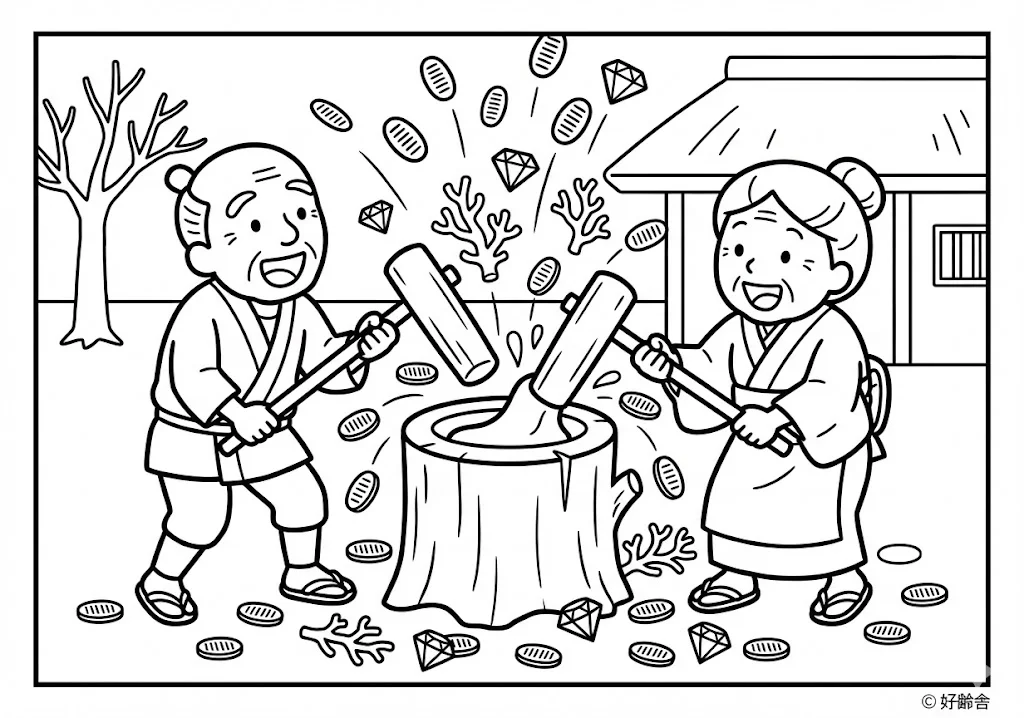 花咲か爺さん (Hanasaka Jiisan) その二 | 高齢者(g3b3)向け無料塗り絵|昔話・物語イラスト