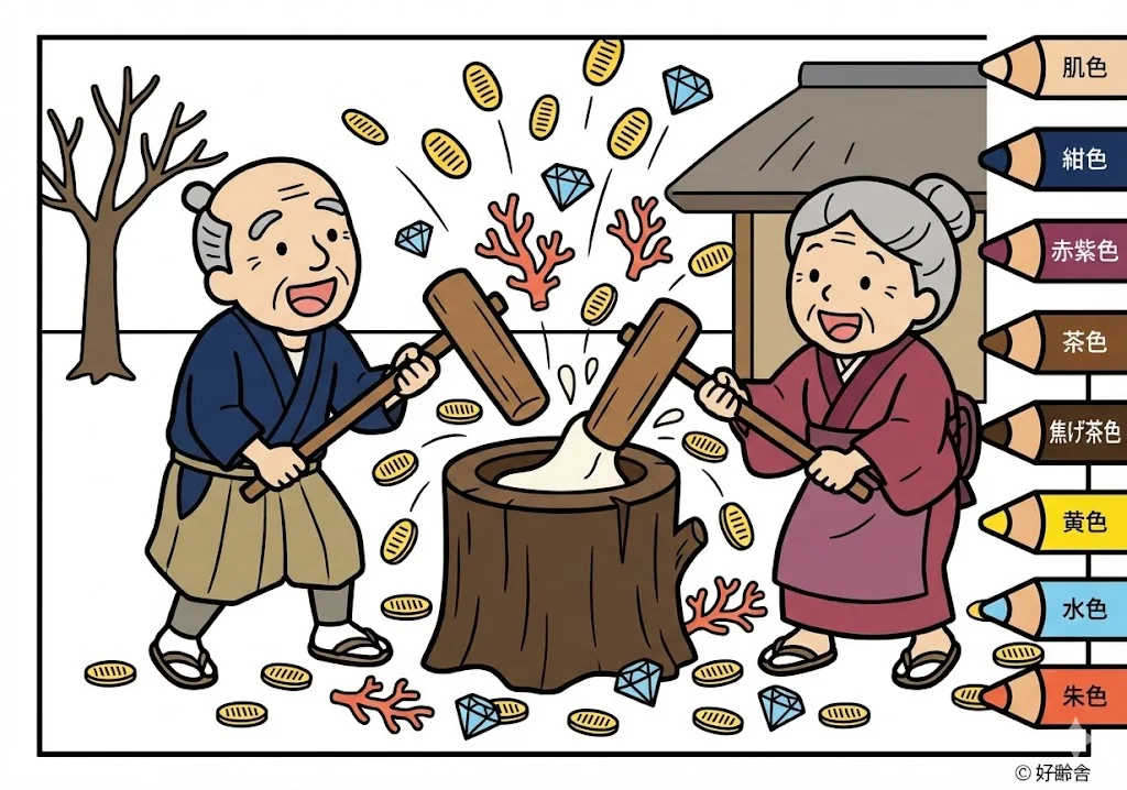 花咲か爺さん(完成見本) (Hanasaka Jiisan) その二 | 高齢者(g3b3)向け無料塗り絵|昔話・物語イラスト