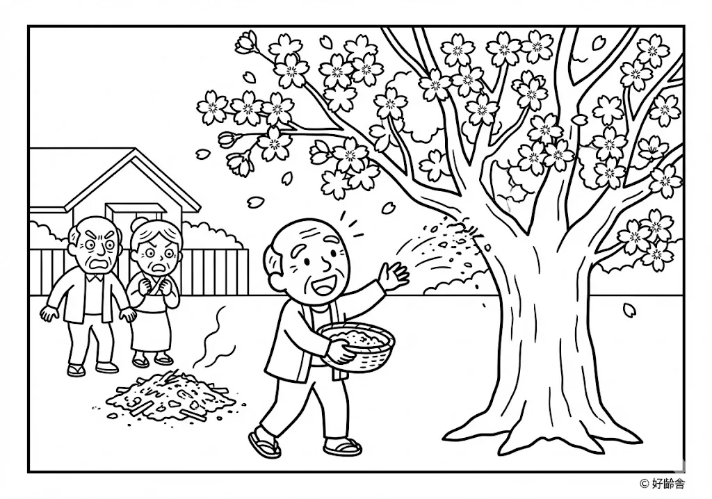 花咲か爺さん (Hanasaka Jiisan) その三 | 高齢者(g3b3)向け無料塗り絵|昔話・物語イラスト