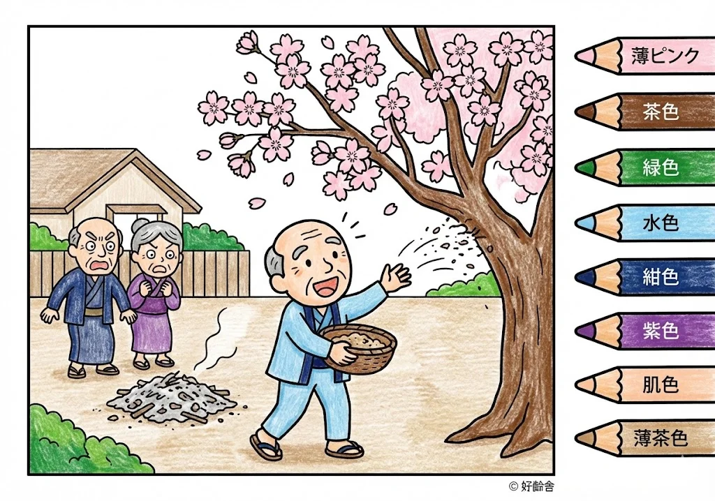 花咲か爺さん(完成見本) (Hanasaka Jiisan) その三 | 高齢者(g3b3)向け無料塗り絵|昔話・物語イラスト