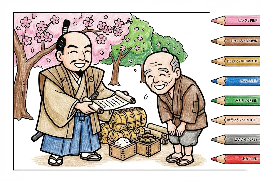 花咲か爺さん(完成見本) (Hanasaka Jiisan) その四 | 高齢者(g3b3)向け無料塗り絵|昔話・物語イラスト