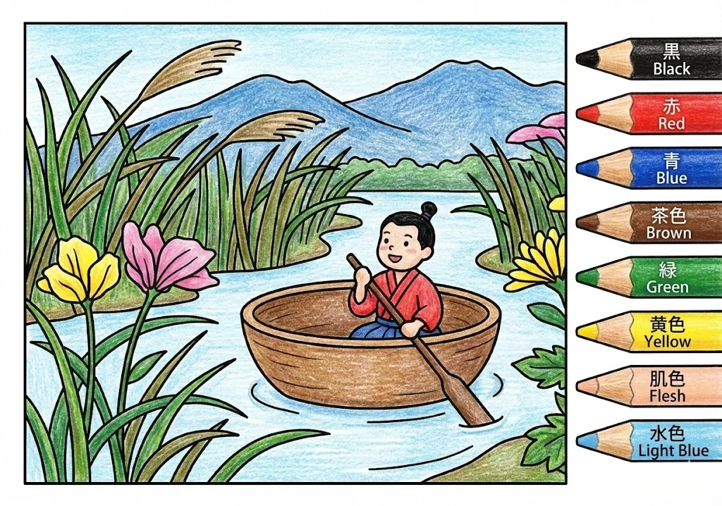 一寸法師(完成見本) (Issun-boushi) その一 | 高齢者(g3b3)向け無料塗り絵|昔話・物語イラスト