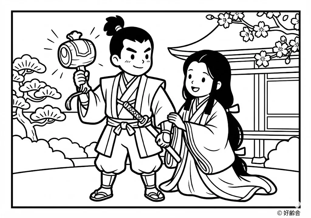 一寸法師 (Issun-boushi) その四 | 高齢者(g3b3)向け無料塗り絵|昔話・物語イラスト