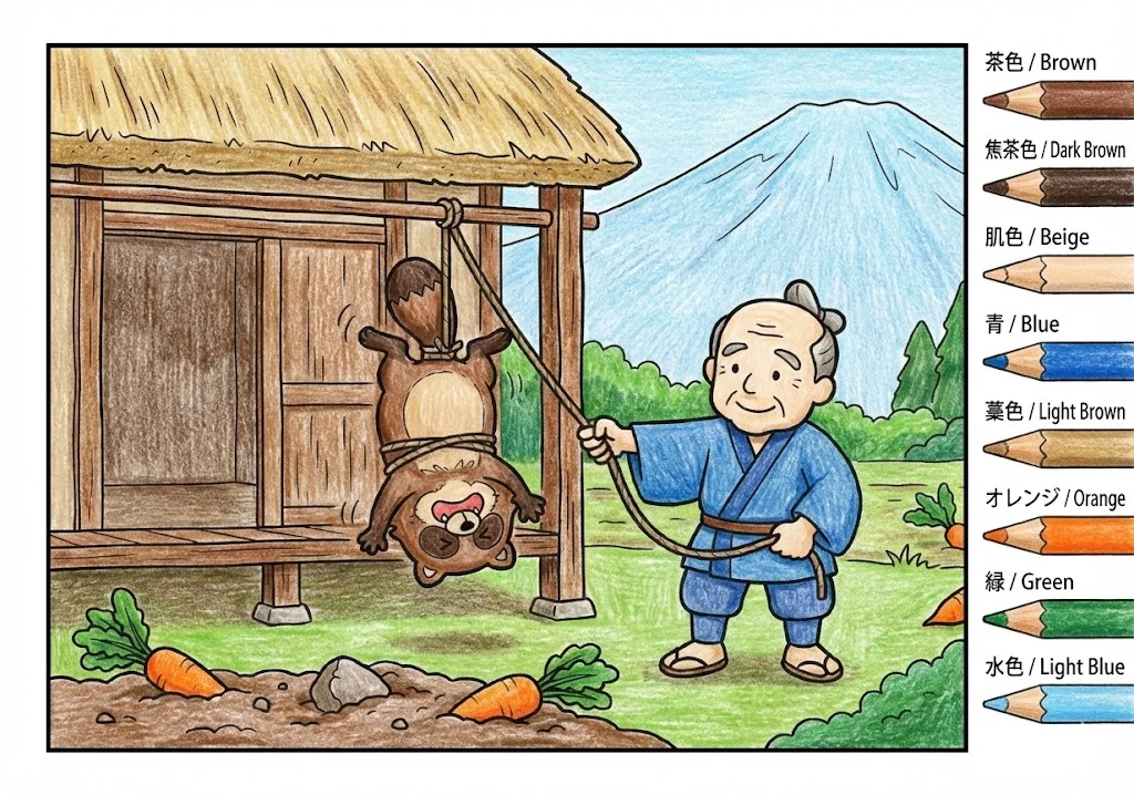 カチカチ山(完成見本) (Kachi-kachi Yama) その一 | 高齢者(g3b3)向け無料塗り絵|昔話・物語イラスト