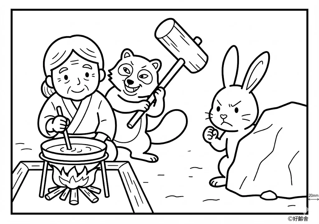 カチカチ山 (Kachi-kachi Yama) その二 | 高齢者(g3b3)向け無料塗り絵|昔話・物語イラスト