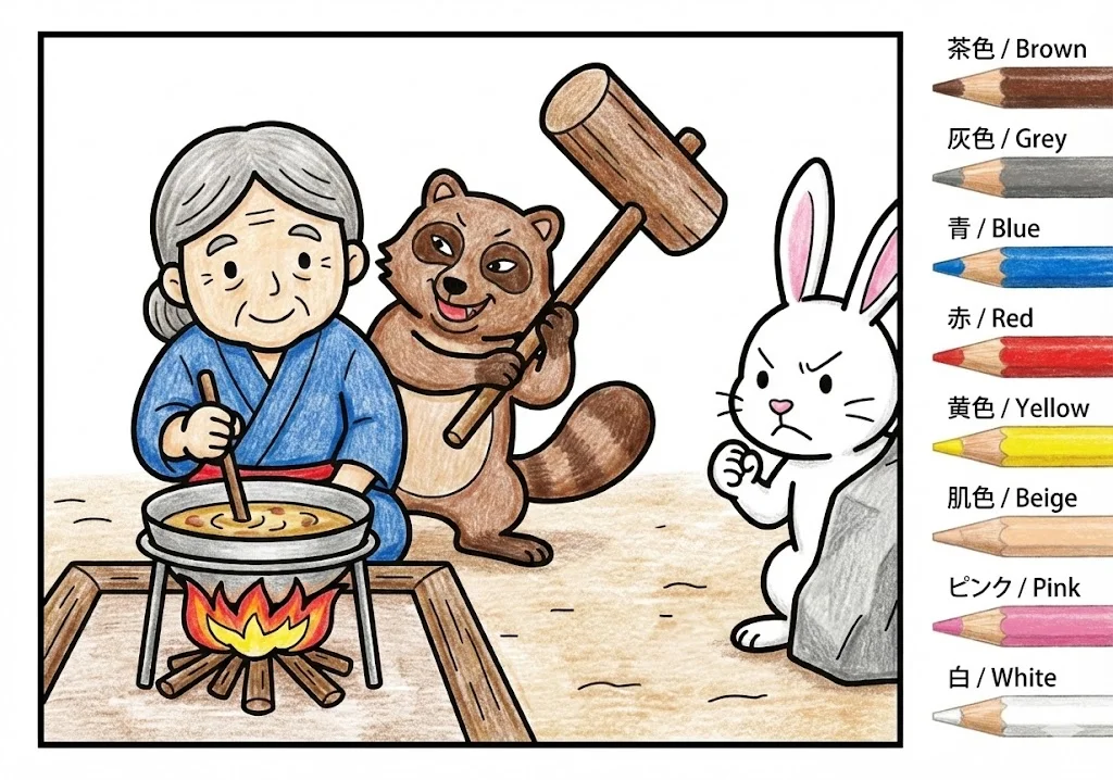 カチカチ山(完成見本) (Kachi-kachi Yama) その二 | 高齢者(g3b3)向け無料塗り絵|昔話・物語イラスト