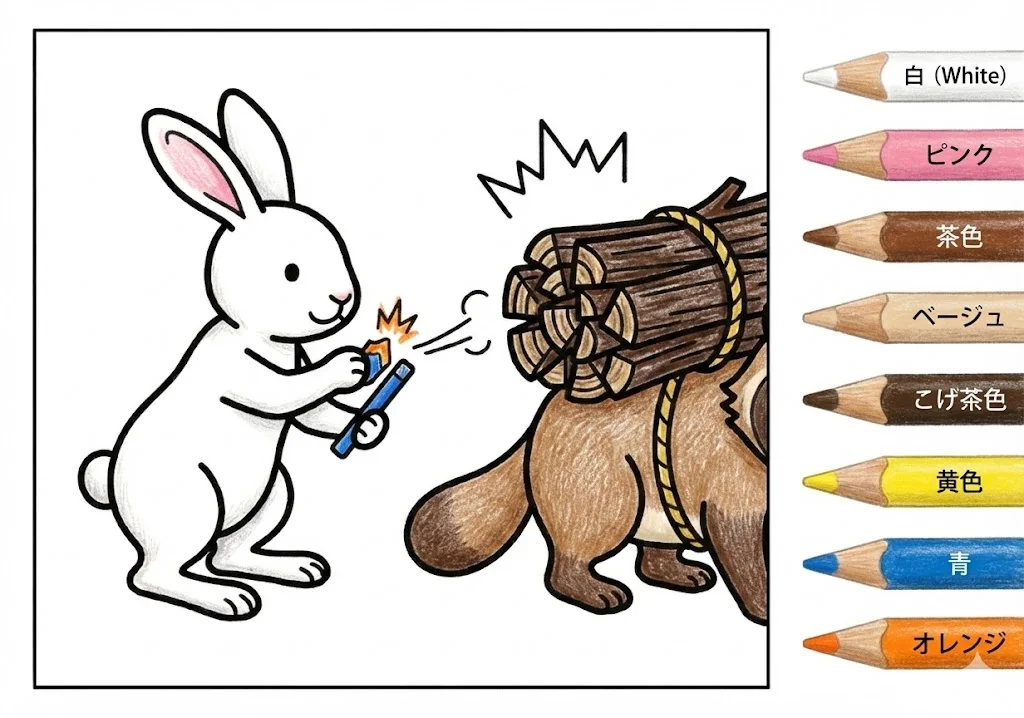 カチカチ山(完成見本) (Kachi-kachi Yama) その三 | 高齢者(g3b3)向け無料塗り絵|昔話・物語イラスト