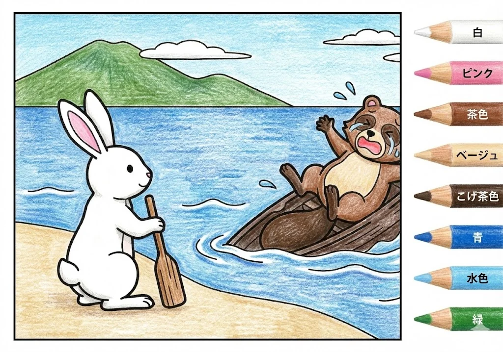 カチカチ山(完成見本) (Kachi-kachi Yama) その四 | 高齢者(g3b3)向け無料塗り絵|昔話・物語イラスト