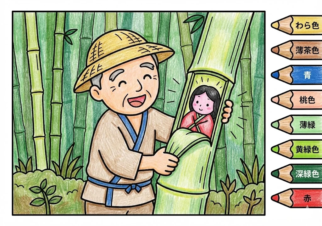 かぐや姫(完成見本) (Kaguya-hime) その一 | 高齢者(g3b3)向け無料塗り絵|昔話・物語イラスト