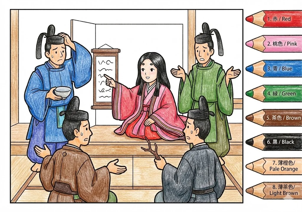 かぐや姫(完成見本) (Kaguya-hime) その二 | 高齢者(g3b3)向け無料塗り絵|昔話・物語イラスト