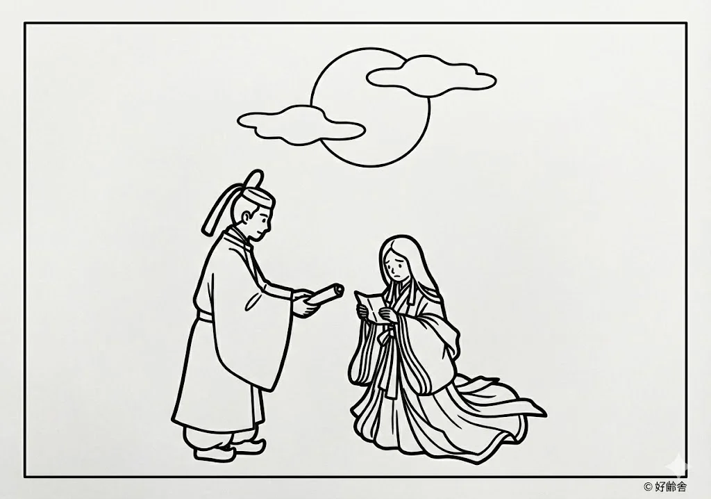 かぐや姫 (Kaguya-hime) その三 | 高齢者(g3b3)向け無料塗り絵|昔話・物語イラスト