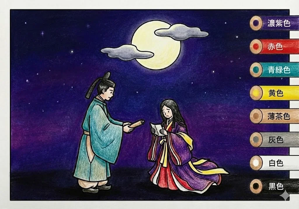 かぐや姫(完成見本) (Kaguya-hime) その三 | 高齢者(g3b3)向け無料塗り絵|昔話・物語イラスト