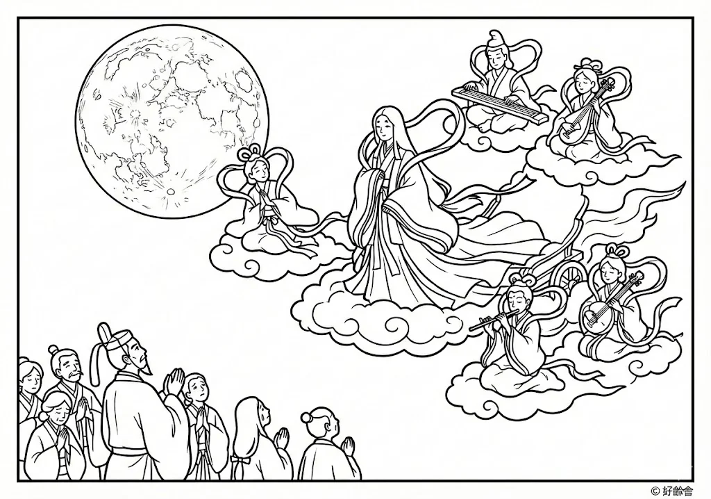 かぐや姫 (Kaguya-hime) その四 | 高齢者(g3b3)向け無料塗り絵|昔話・物語イラスト