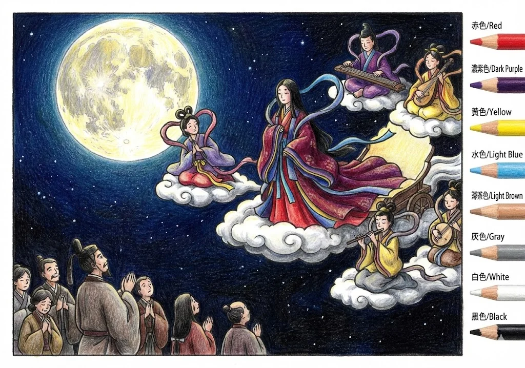 かぐや姫(完成見本) (Kaguya-hime) その四 | 高齢者(g3b3)向け無料塗り絵|昔話・物語イラスト