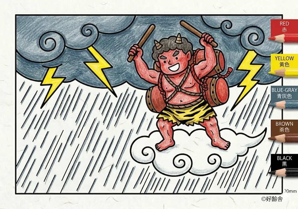 雷様と桑の木(完成見本) (Kaminarisama to Kuwanoki) その一 | 高齢者(g3b3)向け無料塗り絵|昔話・物語イラスト