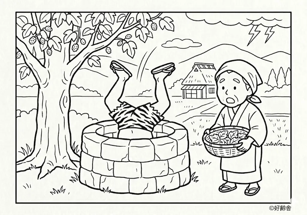 雷様と桑の木 (Kaminarisama to Kuwanoki) その二 | 高齢者(g3b3)向け無料塗り絵|昔話・物語イラスト