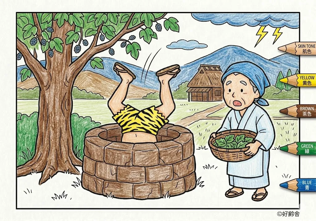 雷様と桑の木(完成見本) (Kaminarisama to Kuwanoki) その二 | 高齢者(g3b3)向け無料塗り絵|昔話・物語イラスト