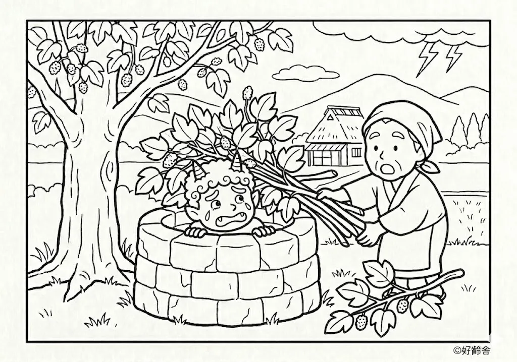 雷様と桑の木 (Kaminarisama to Kuwanoki) その三 | 高齢者(g3b3)向け無料塗り絵|昔話・物語イラスト