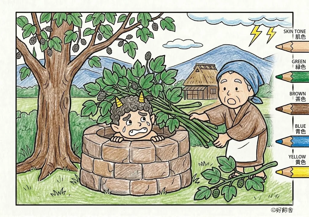 雷様と桑の木(完成見本) (Kaminarisama to Kuwanoki) その三 | 高齢者(g3b3)向け無料塗り絵|昔話・物語イラスト