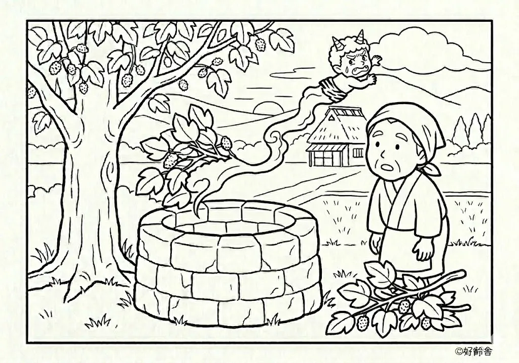 雷様と桑の木 (Kaminarisama to Kuwanoki) その四 | 高齢者(g3b3)向け無料塗り絵|昔話・物語イラスト