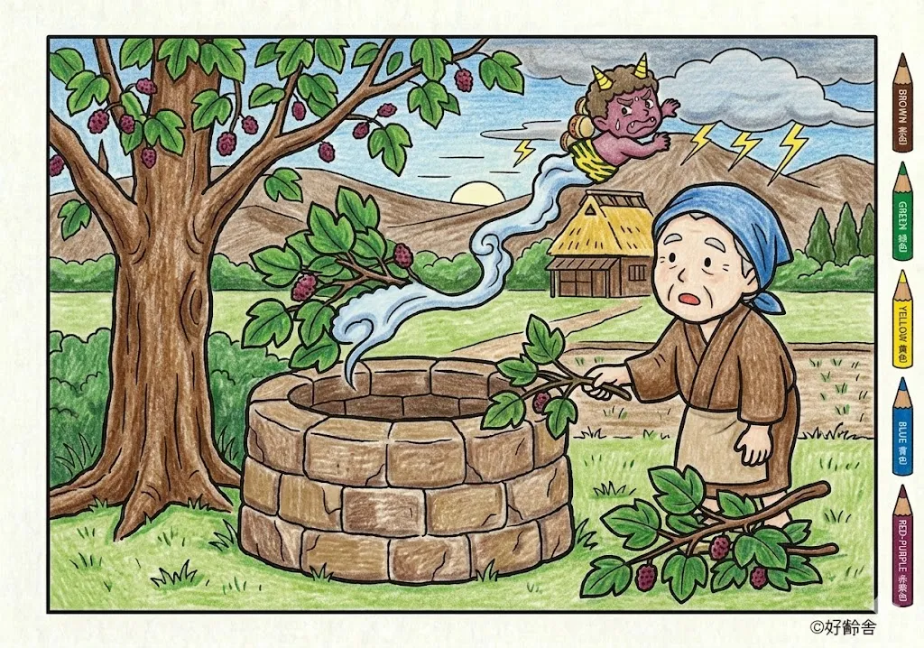 雷様と桑の木(完成見本) (Kaminarisama to Kuwanoki) その四 | 高齢者(g3b3)向け無料塗り絵|昔話・物語イラスト