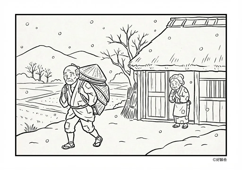 笠地蔵 (Kasa Jizo) その一 | 高齢者(g3b3)向け無料塗り絵|昔話・物語イラスト