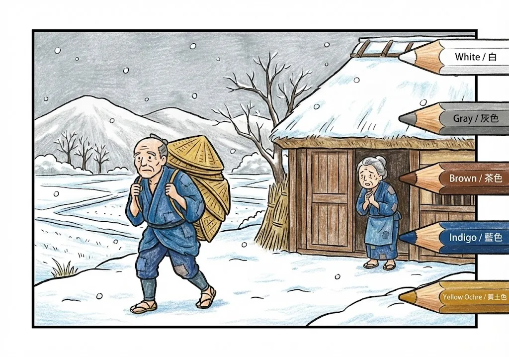 笠地蔵(完成見本) (Kasa Jizo) その一 | 高齢者(g3b3)向け無料塗り絵|昔話・物語イラスト