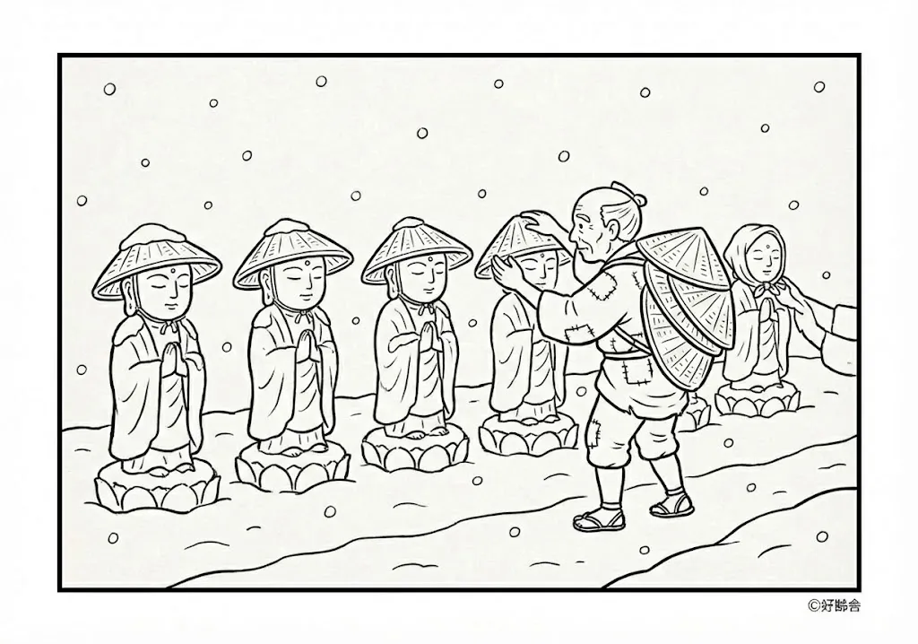 笠地蔵 (Kasa Jizo) その二 | 高齢者(g3b3)向け無料塗り絵|昔話・物語イラスト