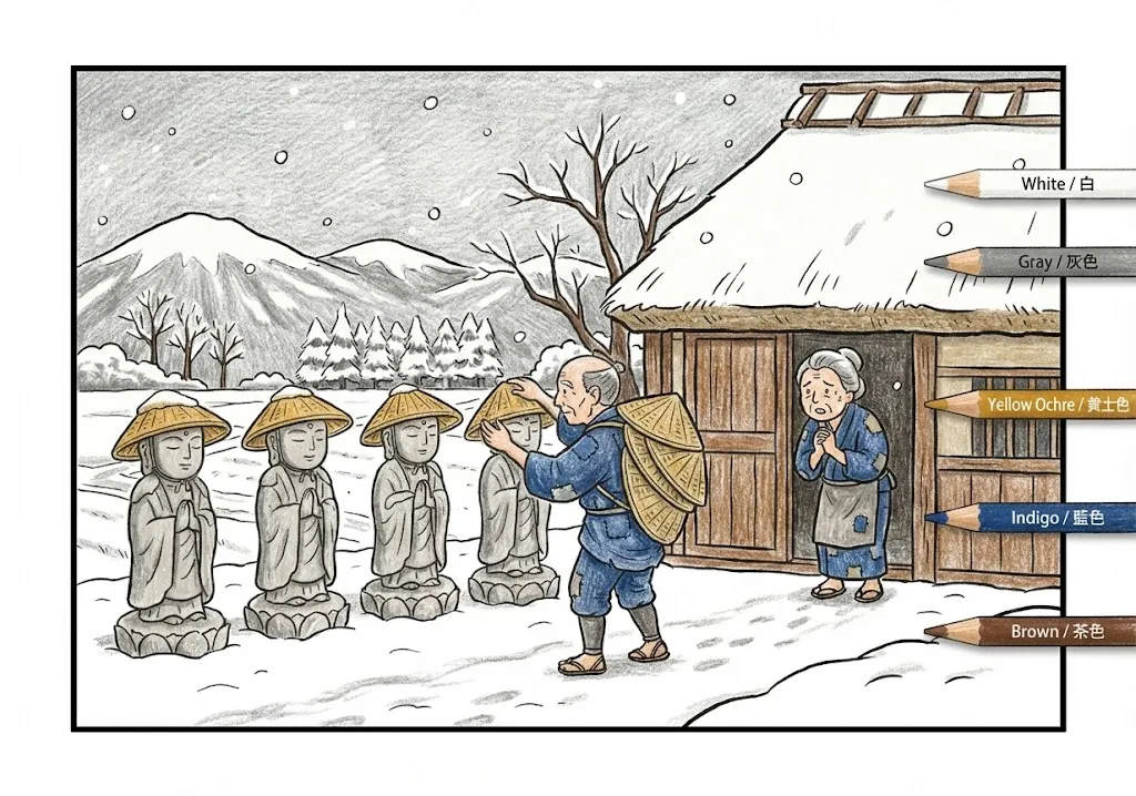 笠地蔵(完成見本) (Kasa Jizo) その二 | 高齢者(g3b3)向け無料塗り絵|昔話・物語イラスト