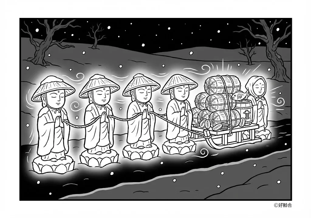 笠地蔵 (Kasa Jizo) その三 | 高齢者(g3b3)向け無料塗り絵|昔話・物語イラスト