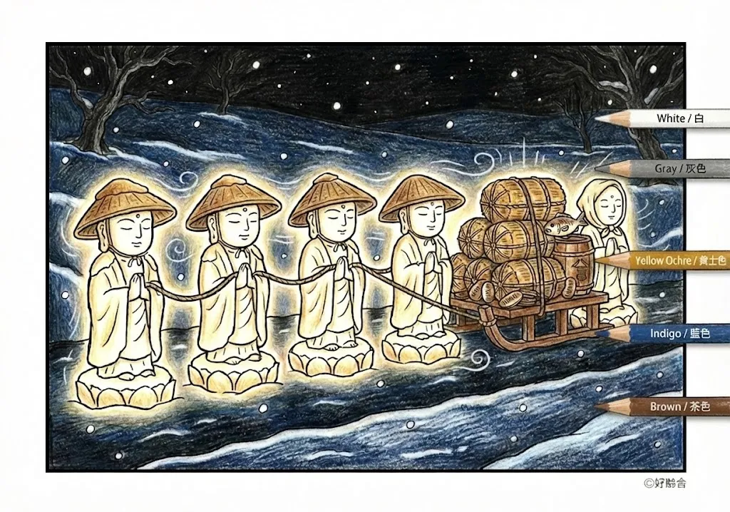 笠地蔵(完成見本) (Kasa Jizo) その三 | 高齢者(g3b3)向け無料塗り絵|昔話・物語イラスト