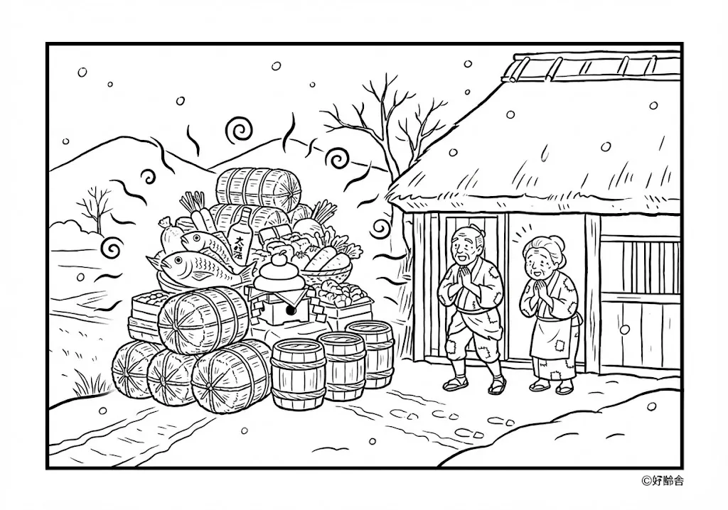 笠地蔵 (Kasa Jizo) その四 | 高齢者(g3b3)向け無料塗り絵|昔話・物語イラスト