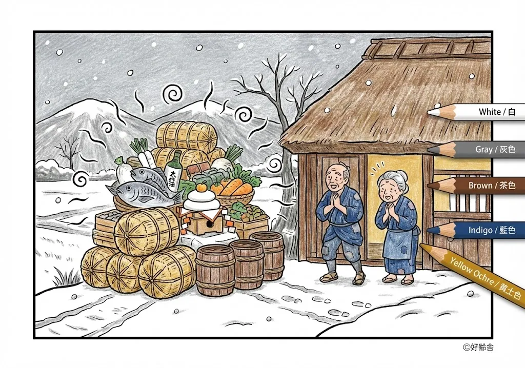 笠地蔵(完成見本) (Kasa Jizo) その四 | 高齢者(g3b3)向け無料塗り絵|昔話・物語イラスト