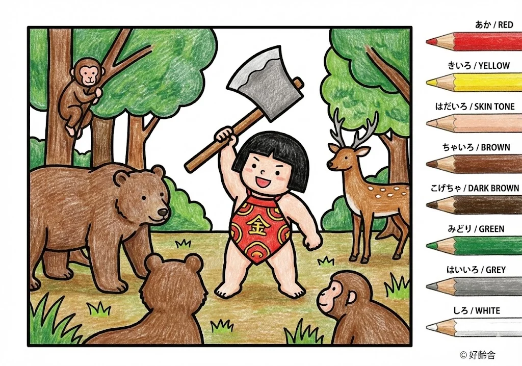 金太郎(完成見本) (Kintaro) その一 | 高齢者(g3b3)向け無料塗り絵|昔話・物語イラスト
