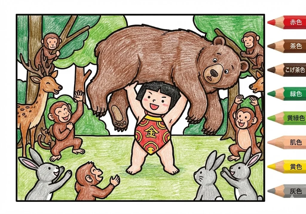 金太郎(完成見本) (Kintaro) その二 | 高齢者(g3b3)向け無料塗り絵|昔話・物語イラスト