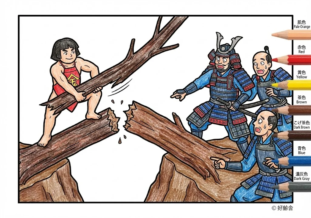 金太郎(完成見本) (Kintaro) その三 | 高齢者(g3b3)向け無料塗り絵|昔話・物語イラスト