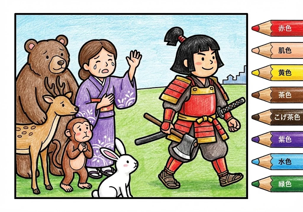 金太郎(完成見本) (Kintaro) その四 | 高齢者(g3b3)向け無料塗り絵|昔話・物語イラスト