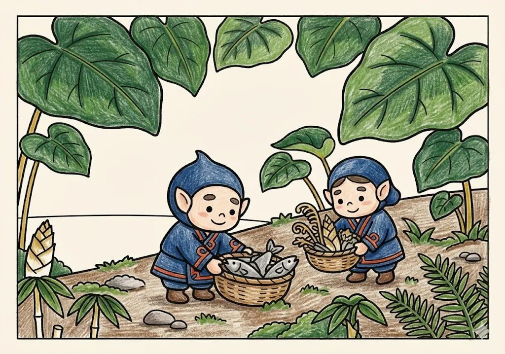 コロポックル(完成見本) (Koropokkuru) その一 | 高齢者(g3b3)向け無料塗り絵|昔話・物語イラスト