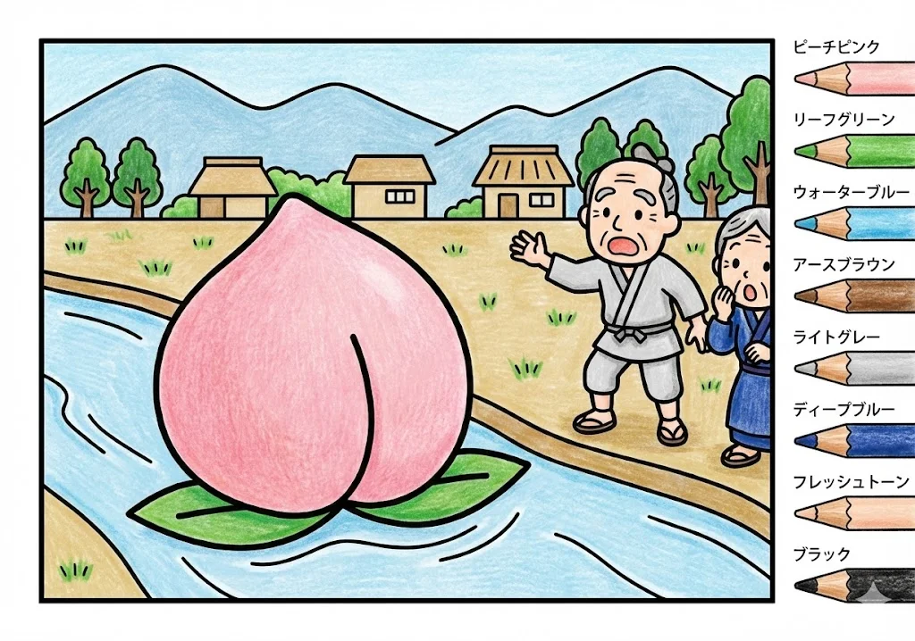 桃太郎(完成見本) (Momotaro) その一 | 高齢者(g3b3)向け無料塗り絵|昔話・物語イラスト