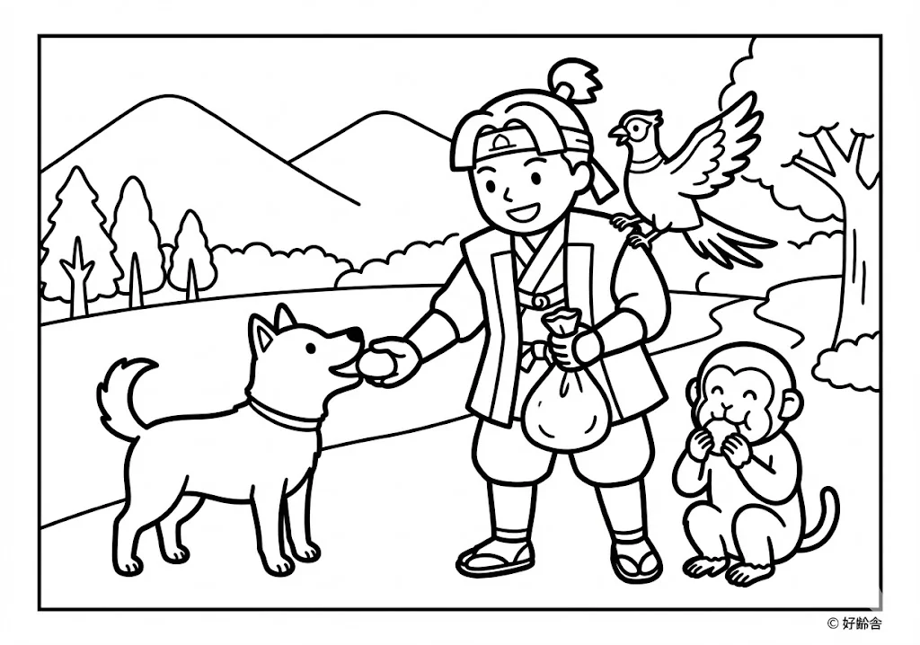 桃太郎 (Momotaro) その二 | 高齢者(g3b3)向け無料塗り絵|昔話・物語イラスト