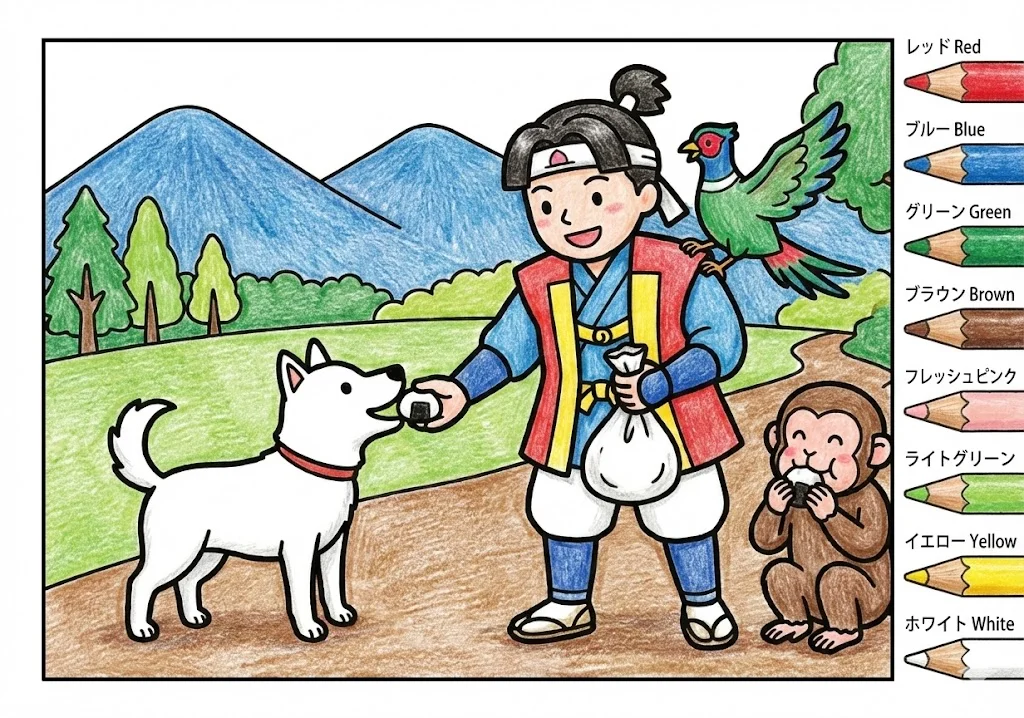 桃太郎(完成見本) (Momotaro) その二 | 高齢者(g3b3)向け無料塗り絵|昔話・物語イラスト