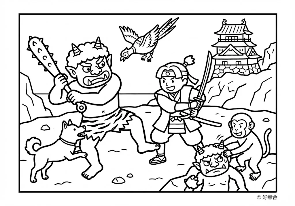 桃太郎 (Momotaro) その三 | 高齢者(g3b3)向け無料塗り絵|昔話・物語イラスト