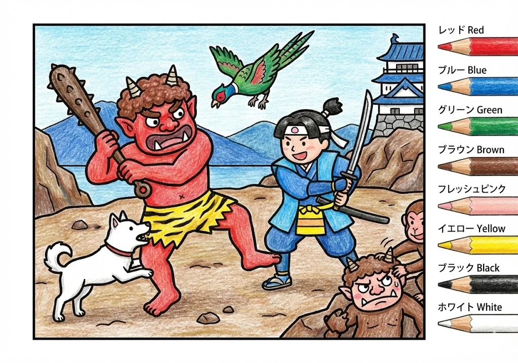 桃太郎(完成見本) (Momotaro) その三 | 高齢者(g3b3)向け無料塗り絵|昔話・物語イラスト