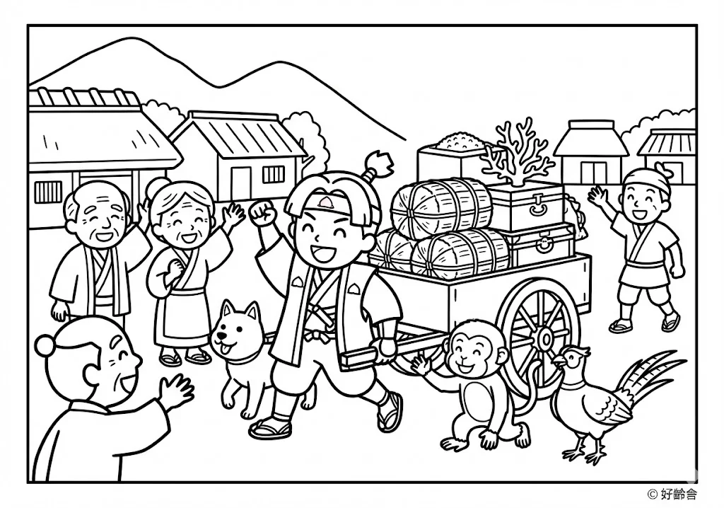 桃太郎 (Momotaro) その四 | 高齢者(g3b3)向け無料塗り絵|昔話・物語イラスト