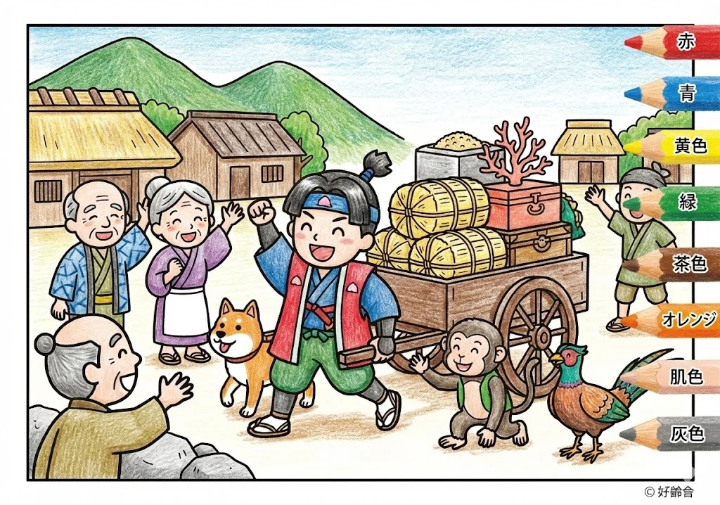 桃太郎(完成見本) (Momotaro) その四 | 高齢者(g3b3)向け無料塗り絵|昔話・物語イラスト