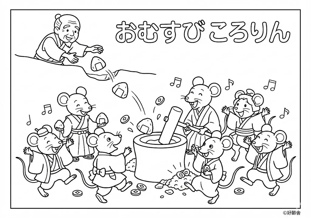 おむすびころりん (Omusubi Kororin) その二 | 高齢者(g3b3)向け無料塗り絵|昔話・物語イラスト